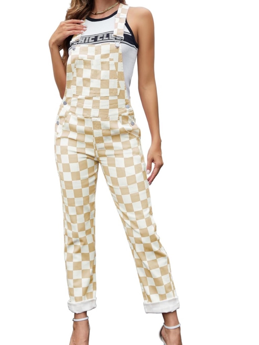 Beige & White Checkerboard Women's Overalls Jumpsuit